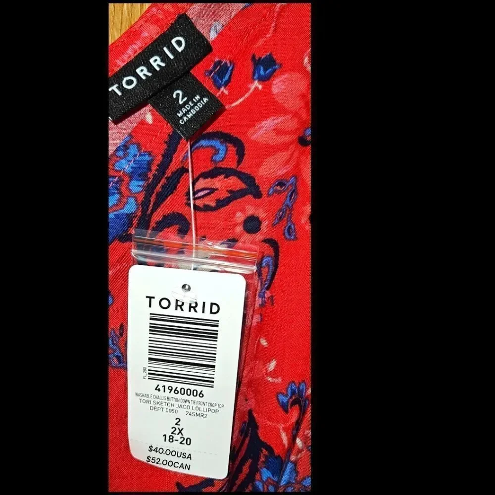 TORRID Red Floral challis button down crop top with  pull on pant set NWT